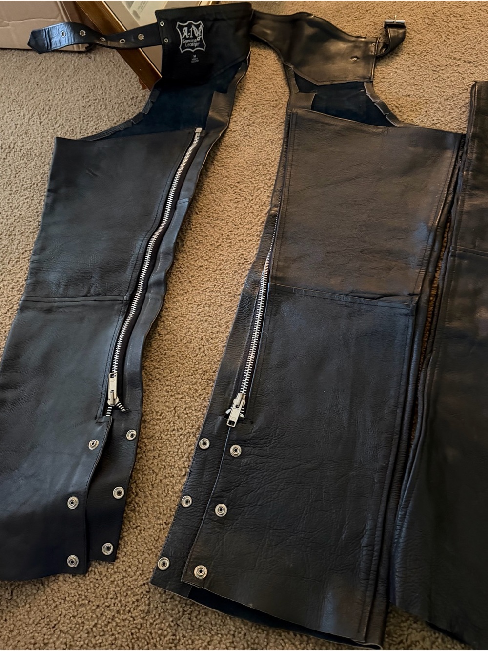 Black Leather Motorcycle Chaps with Zippers